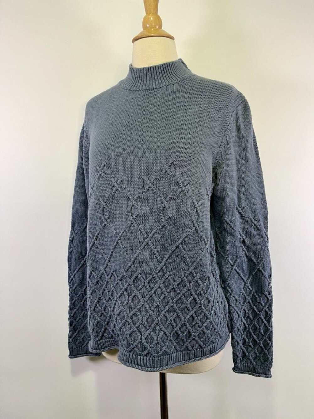 Orvis Women’s Blue Cotton Mock Neck Cable Knit Sweater Large Fisherman Coastal